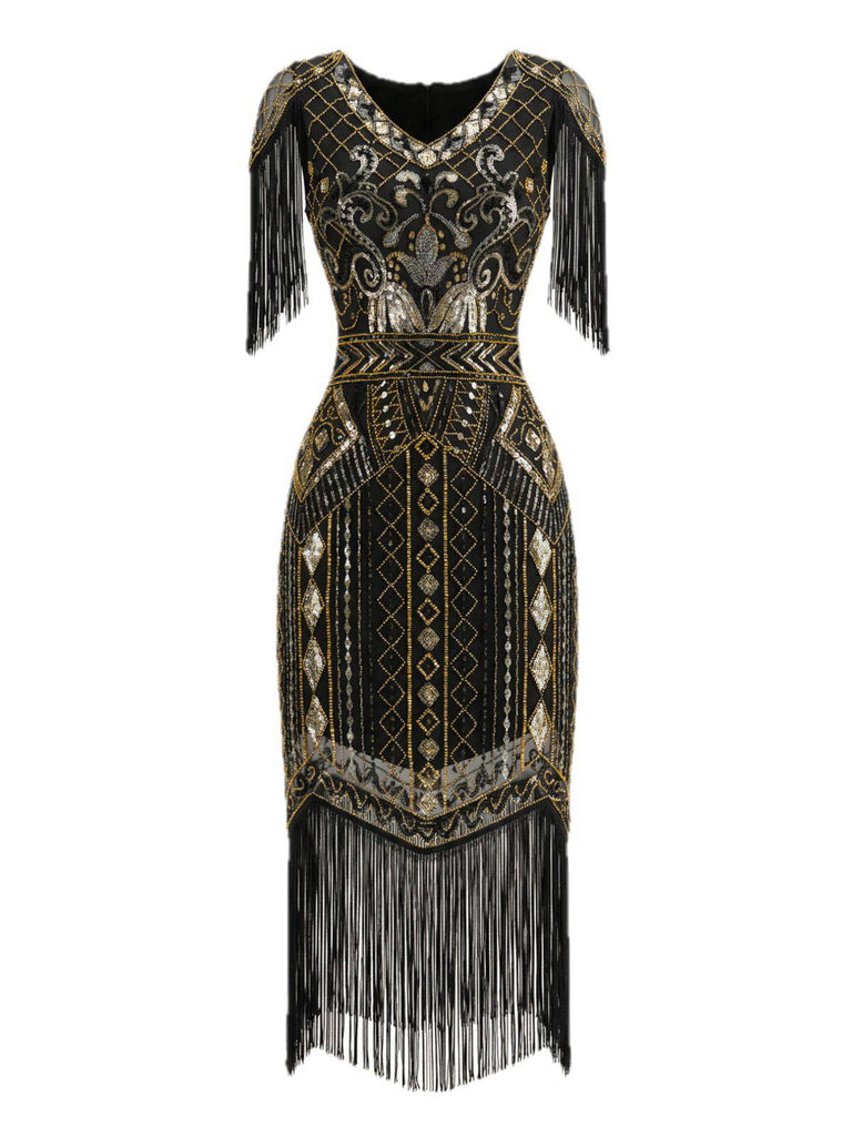 1920s Sequin Fringe Flapper V-Neck Dress