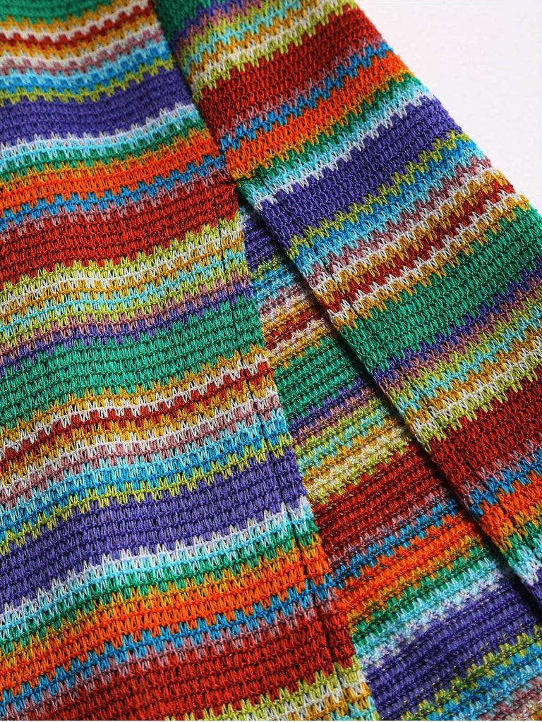 1970s Strap Colorful Stripes Lace-Up Boho Dress