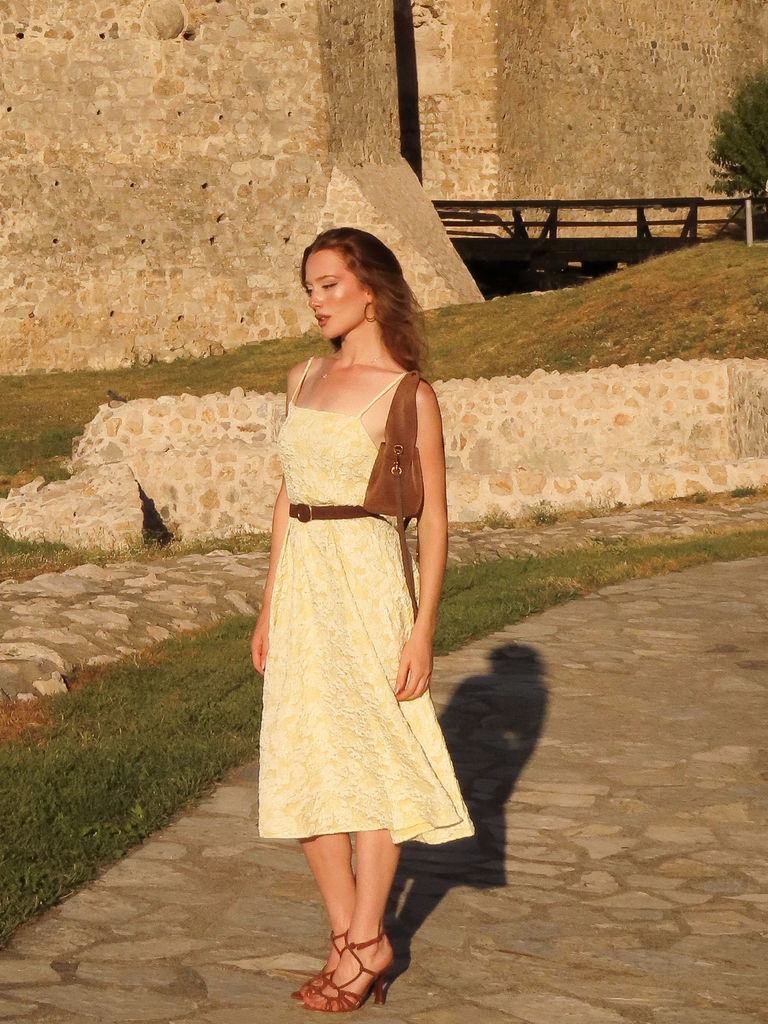 Yellow 1950s Floral Jacquard Textured Spaghetti Strap Midi Dress
