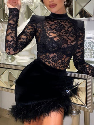 Black 1960s Lace Feather Hem Velvet Bodycon Dress