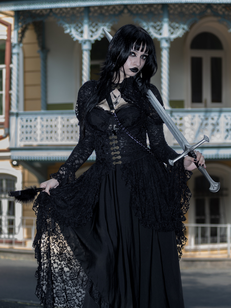 Black 1980s Gigot Sleeve Victorian Lace Dress
