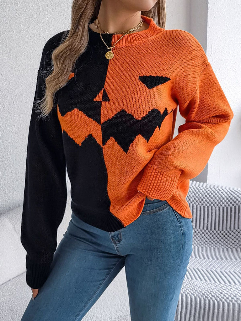 1940s Halloween Pumpkin Face ColorBlock Knit Sweater