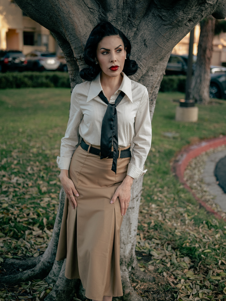 Khaki 1930s Striped Lapel Blouse Detachable Tie Dress