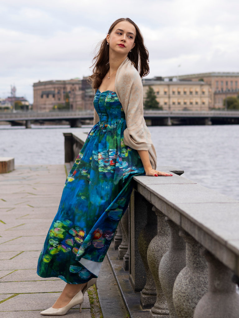 Blue 1950s Water Lily Sweetheart Strapless Dress