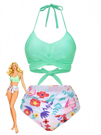 Mint Green 1940s Floral High-Waist Bikini Swimsuit