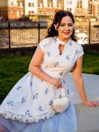 1950s Mock Neck 3D Rosette Polka Dot Mesh Dress