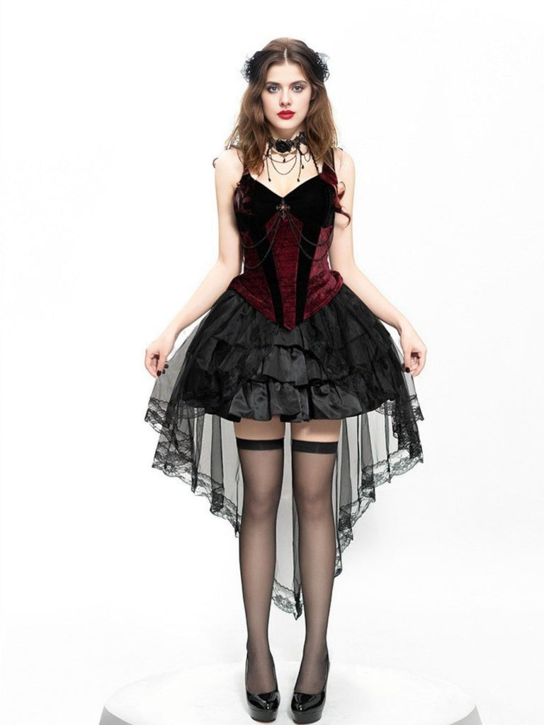2PCS Red 1980s Gothic Cross Top & Lace Skirt