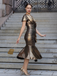1930s Metallic Textured Floral Cinched Waist Fishtail Dress