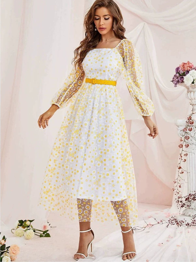 1940s Floral Illusion Square Neck Belt Dress