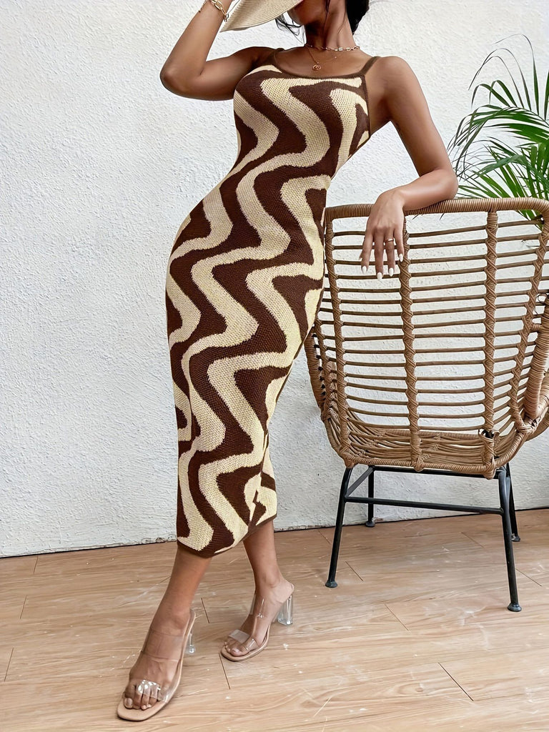 Beige 1970s Boho Irregular Print Knit Dress