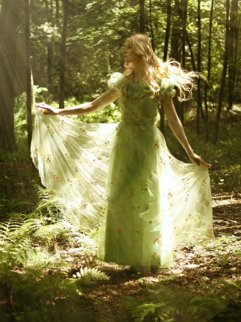 Green 1930s Floral Embroidered Mesh Strapless Dress