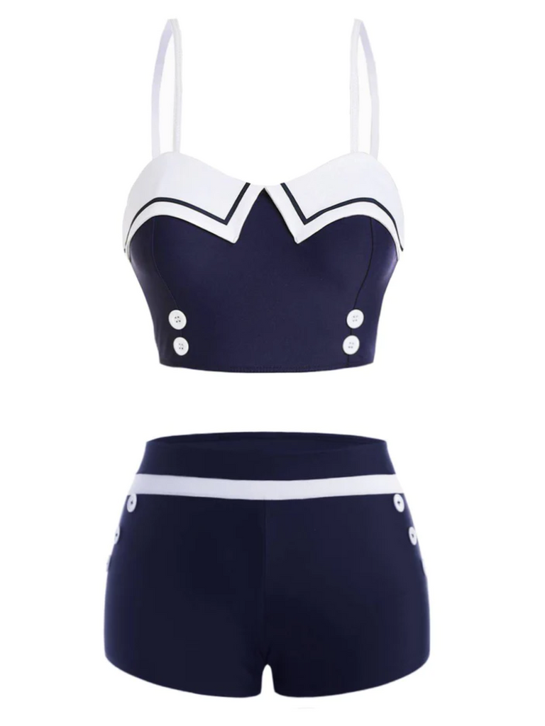 Navy Blue 1950s Spaghetti Buttons Swimsuit