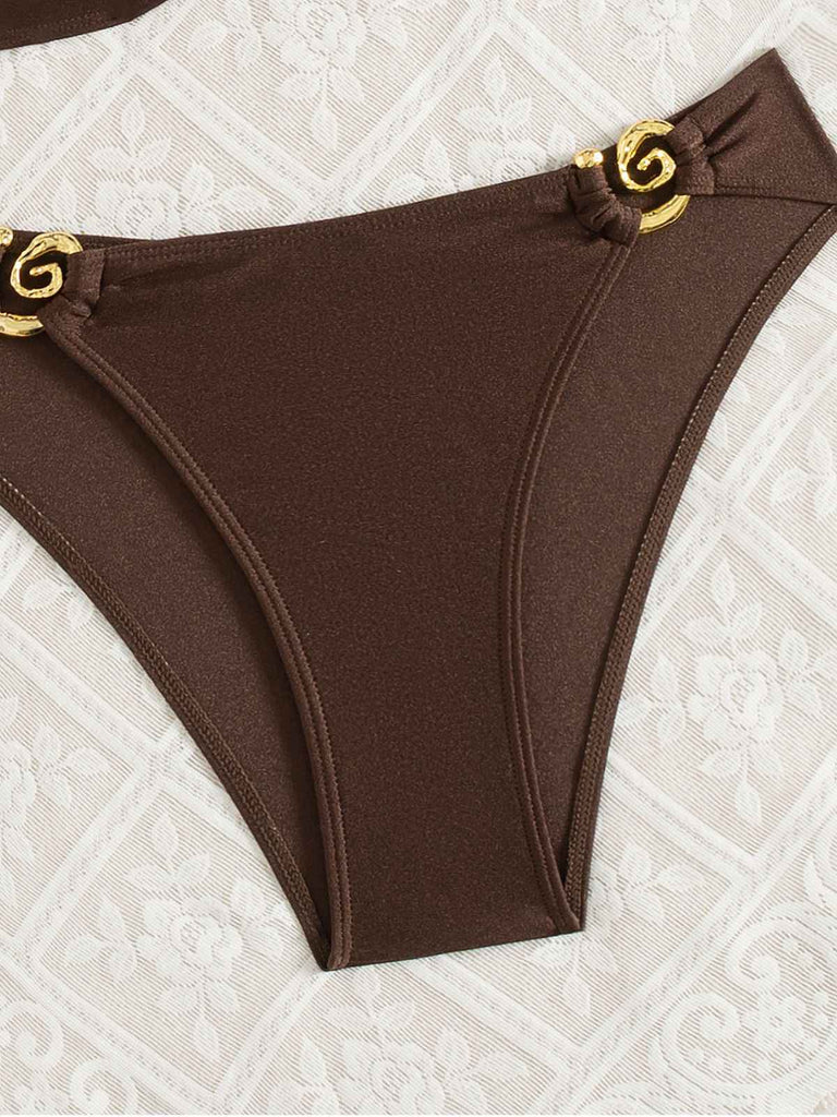 Brown 1950s Golden Ring Halter Bikini Set