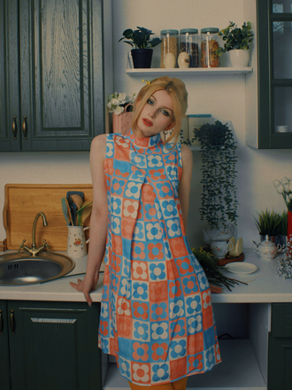 Orange & Blue 1960s Floral Stand Collar Dress