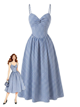 Blue 1940s Gingham Plaid Spaghetti Strap Dress