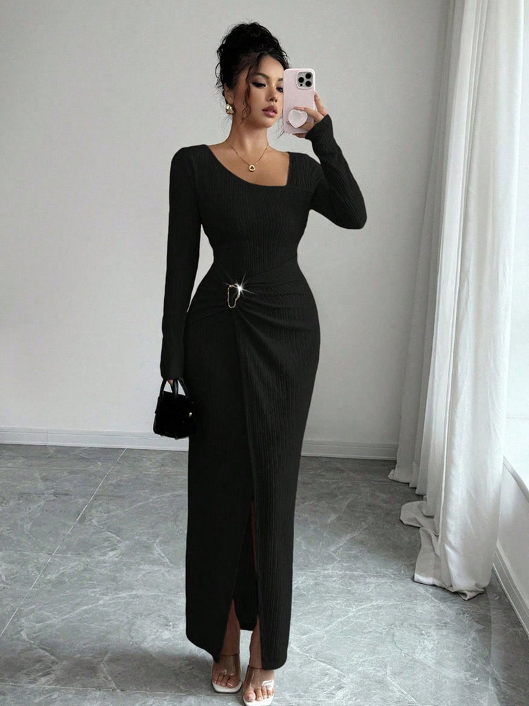 Beige 1930s Ribbed Long Sleeve Split Dress