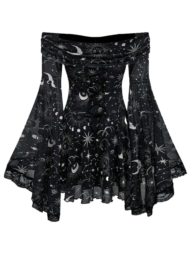 1980s Star Moon Sun Face Off-Shoulder Bell Sleeve Dress