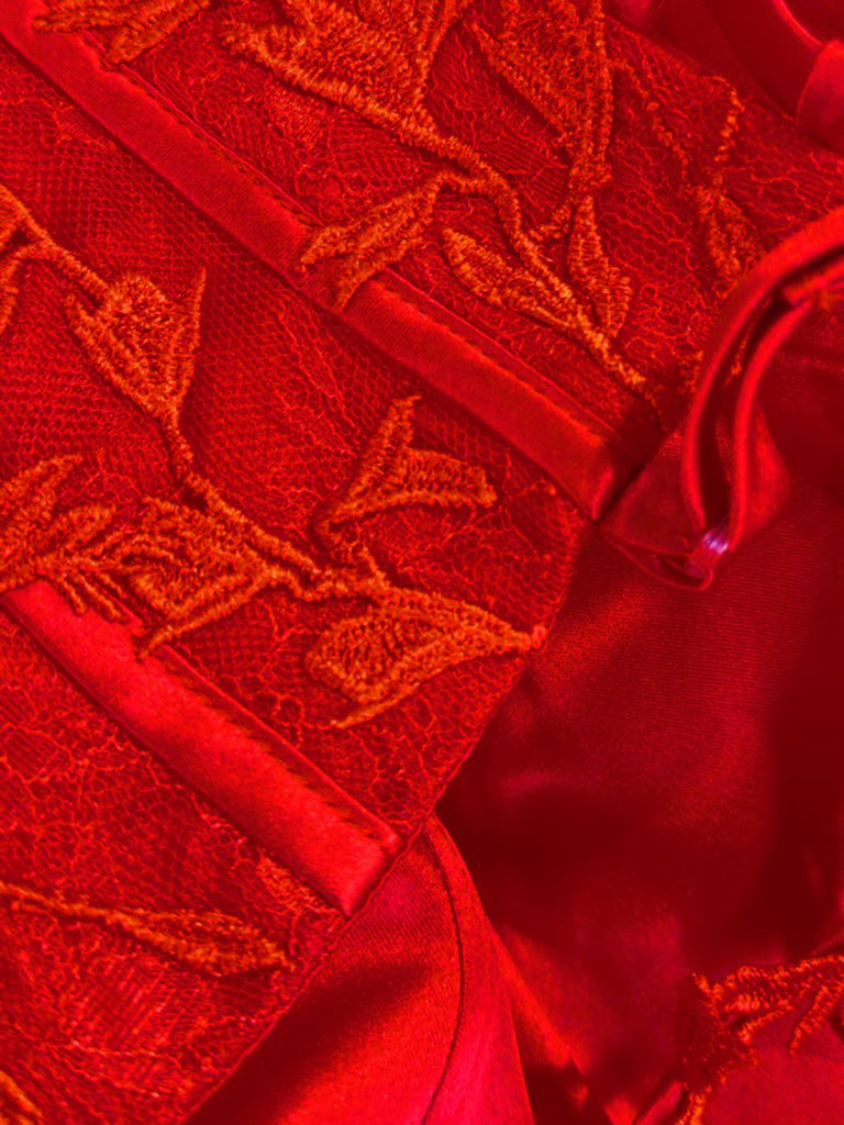 Red 1930s Spaghetti Strap Lace Tulle Maxi Dress