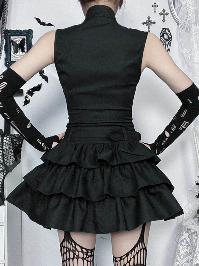 Black 1980s Steampunk Solid Zipper Belted Dress