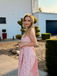 Pink 1950s Floral Jacquard Textured Spaghetti Strap Midi Dress