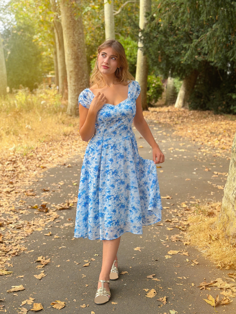 Blue 1950s Puff Sleeve Sweetheart Neck Floral Swing Dress