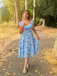 Blue 1950s Puff Sleeve Sweetheart Neck Floral Swing Dress