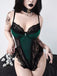 Dark Green 1970s Gothic Velvet Lace Cross Bodysuit