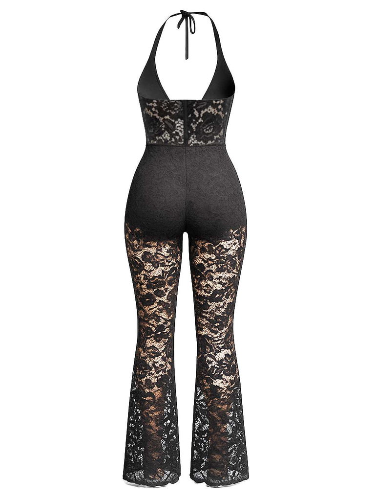 Black 1970s Halter Deep V-Neck Lace Jumpsuit