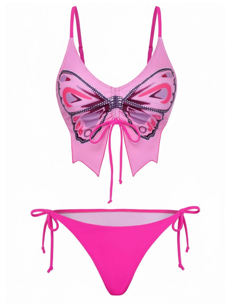 1970s Spaghetti Strap Butterfly Lace-Up Bikini Set