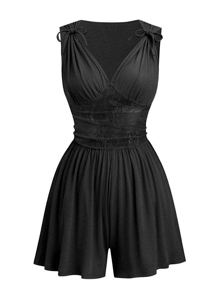 1950s Tie-Shoulder Lace Waist V-Neck Fit Romper