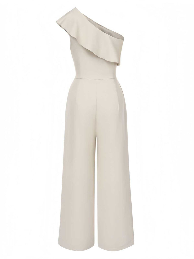 Beige 1970s One-Shoulder Tiered Ruffles Jumpsuit