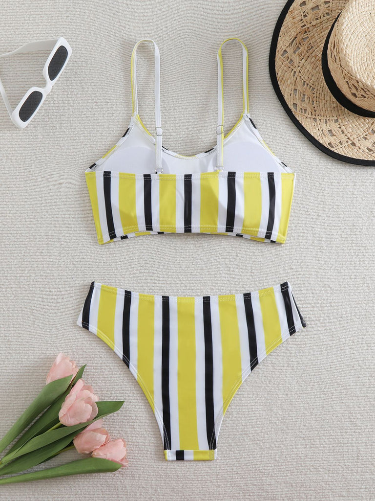 1940s Spaghetti Strap Bow Contrast Stripes Bikini