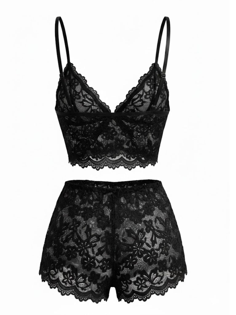 Red 1960s Spaghetti Strap Lace Floral Bow Pajama Set