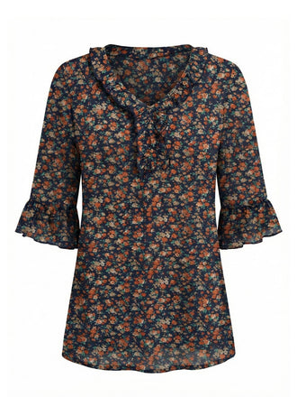 1940s Ruffle Neck Floral 3/4 Flare Sleeve Blouse