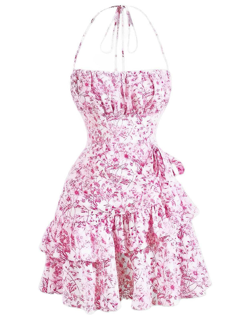 1970s Halter Tiered Ruffle Floral Dress