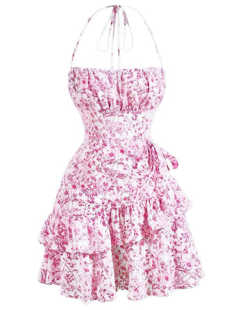 1970s Halter Tiered Ruffle Floral Dress