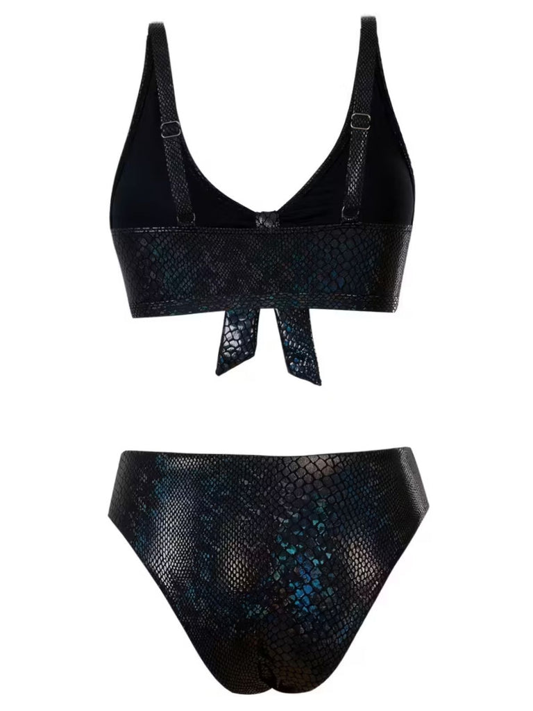 1970s Snakeskin Metallic Tie-Front Bikini Set