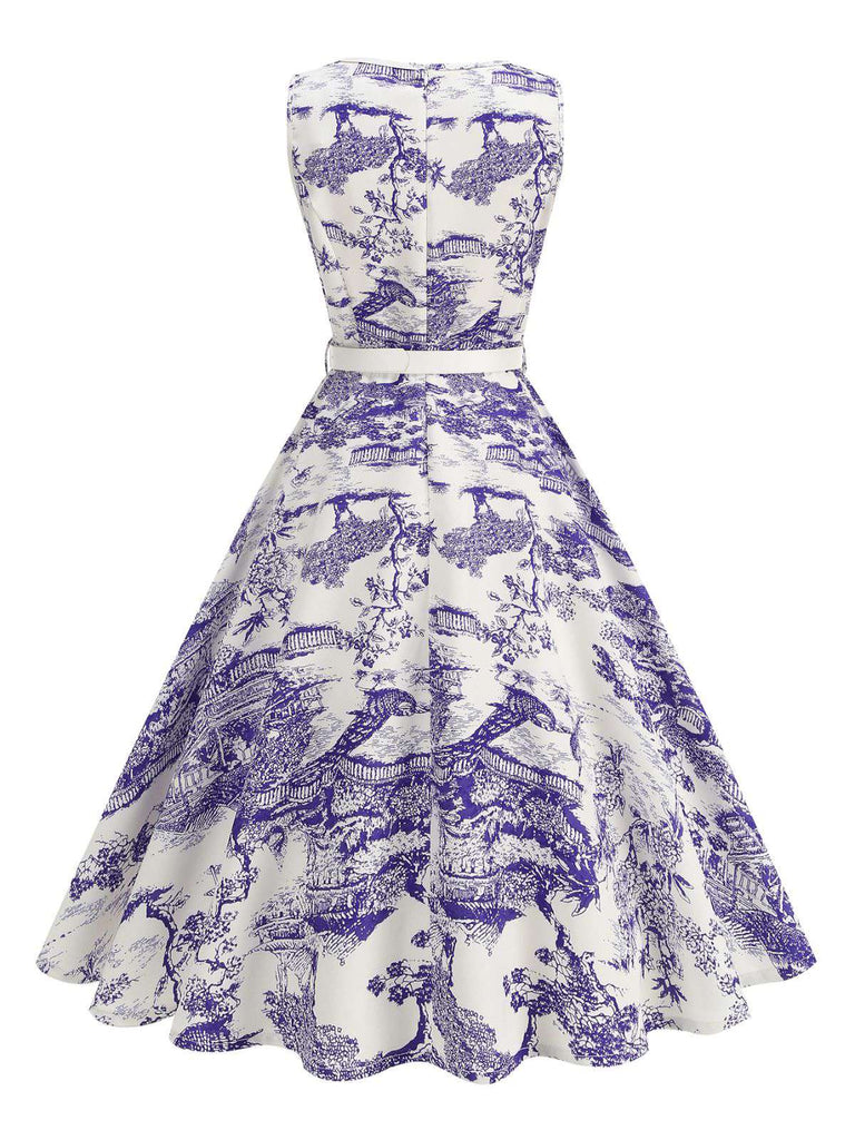 1950s Porcelain Landscape Sleeveless Belted Dress