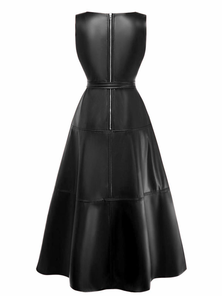 1980s Leather Solid A-Line Sleeveless Dress