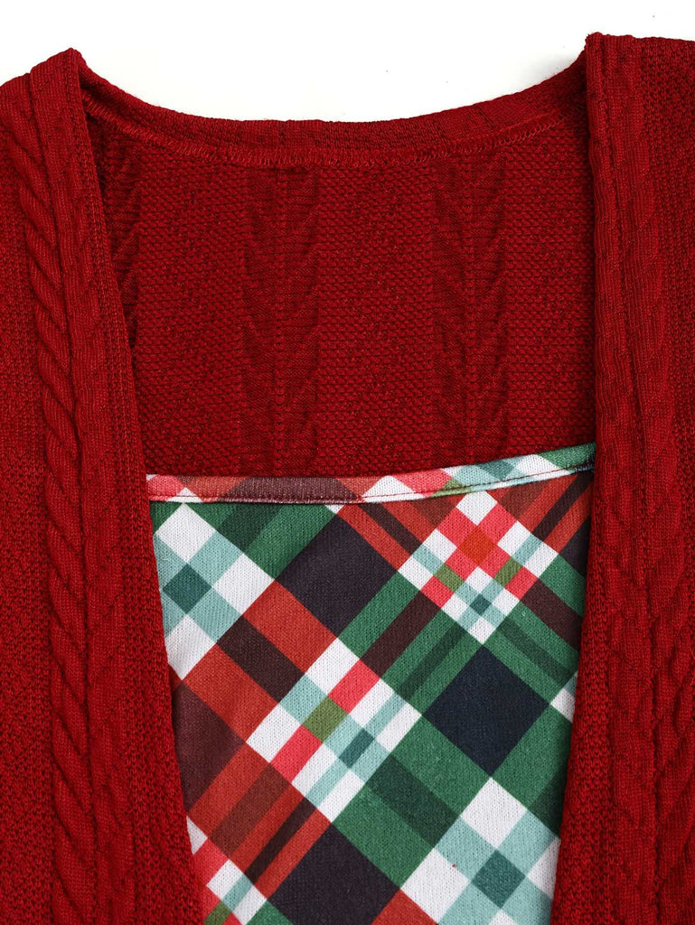 [Plus Size] 1940s Bow Plaid Knit Dress