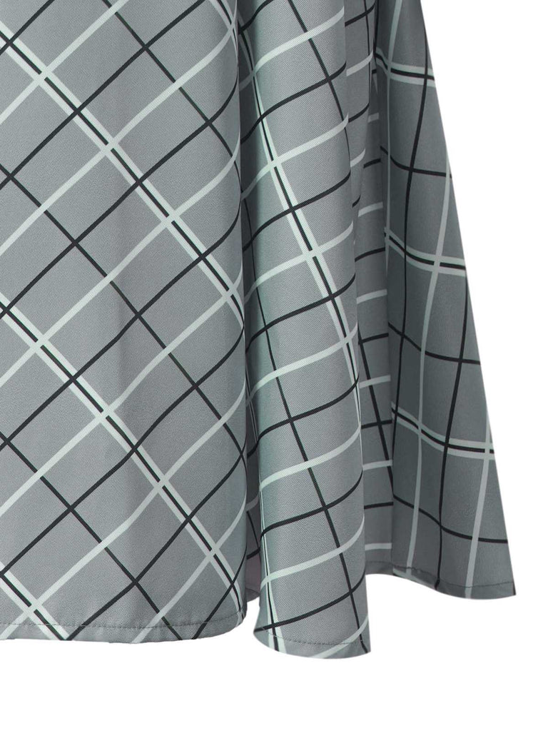 Grey 1940s Peter Pan Collar Bow Plaid Dress