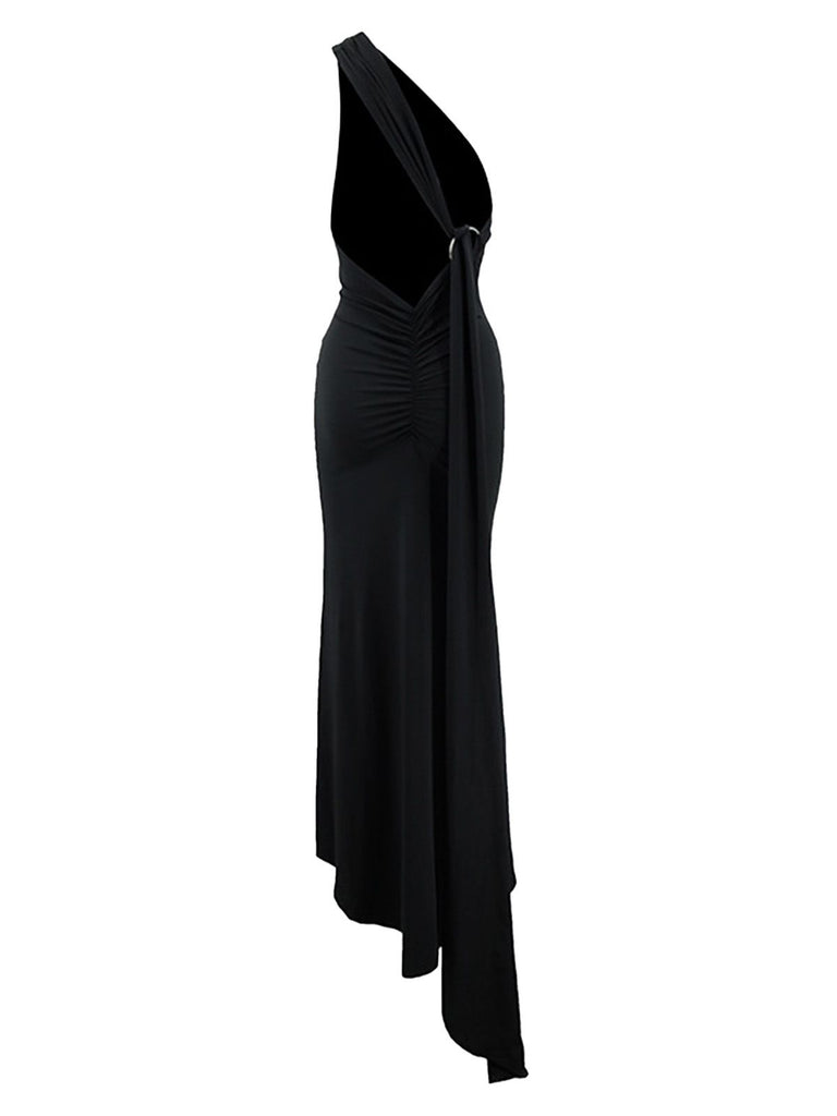 1980s Solid One-Shoulder Evening Backless Dress with Train