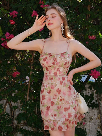 1960s Spaghetti Strap Floral Ruffled Dress