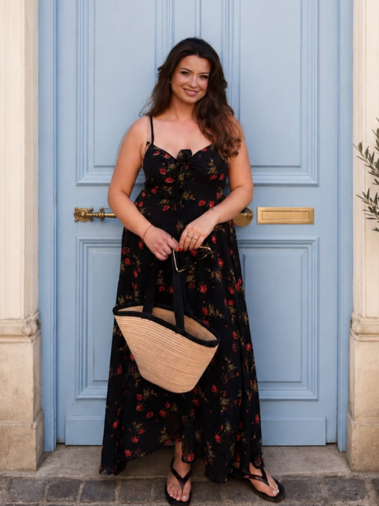 Black 1930s Rose V-Neck Bohemian Slip Dress