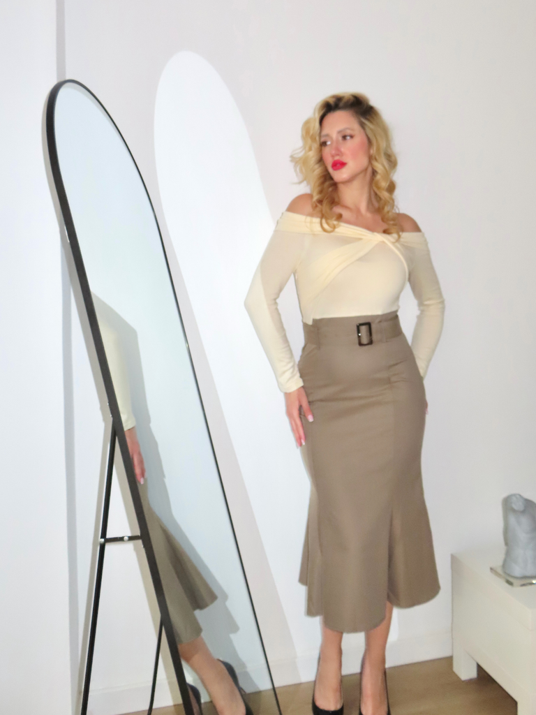 Khaki 1930s Off Shoulder Knit Belt Mermaid Dress