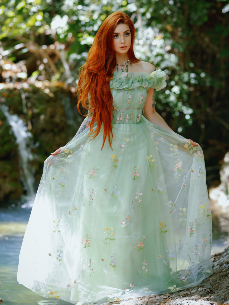 Green 1930s Floral Embroidered Mesh Strapless Dress