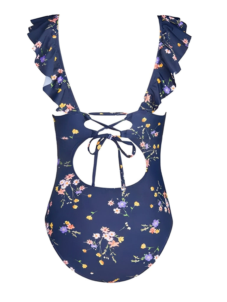Multicolor 1950s Floral Ruffled Back Cut-Out Swimsuit