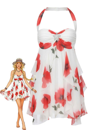 Red 1960s Halter Irregular Hem Babydoll Dress