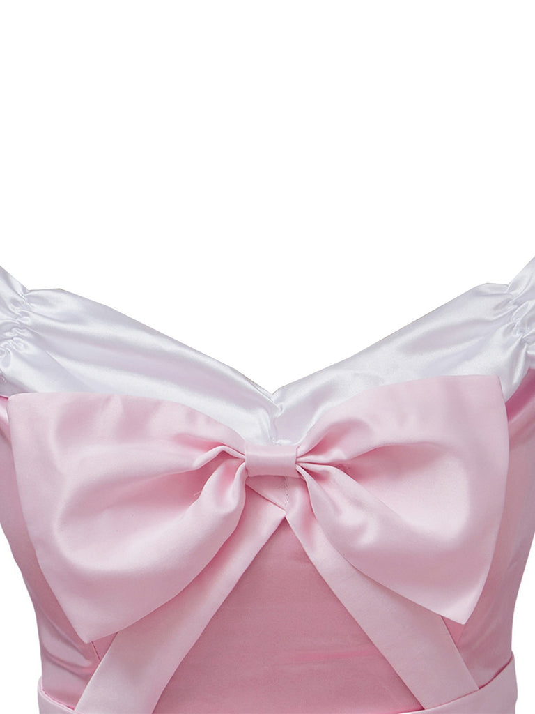 Pink 1950s Off-Shoulder Pleated Satin Bow Princess Dress