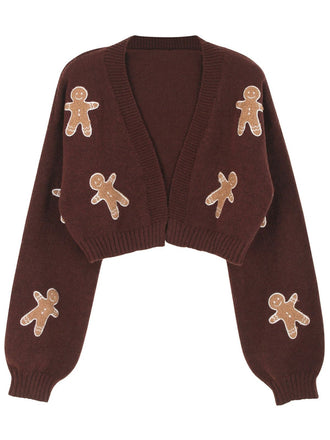 Brown 1960s Christmas Gingerbread Cropped Sweater Cardigan